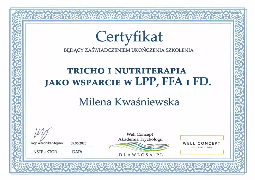 Trychologia funkcjonalna – holistyczne podejście do włosów Milena Kwaśniewska, specjalizuję się w diagnostyce i leczeniu problemów skóry głowy oraz włosów, oferując profesjonalne konsultacje i indywidualnie dobrane terapie. Nowa 15, 85-119 Bydgoszcz https://milena-trycholog.pl